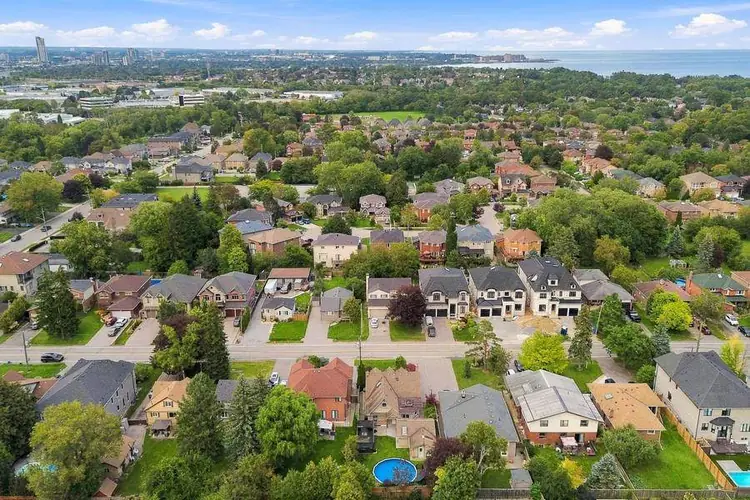 566 Rougemount Drive from above, with Lake Ontario beyond